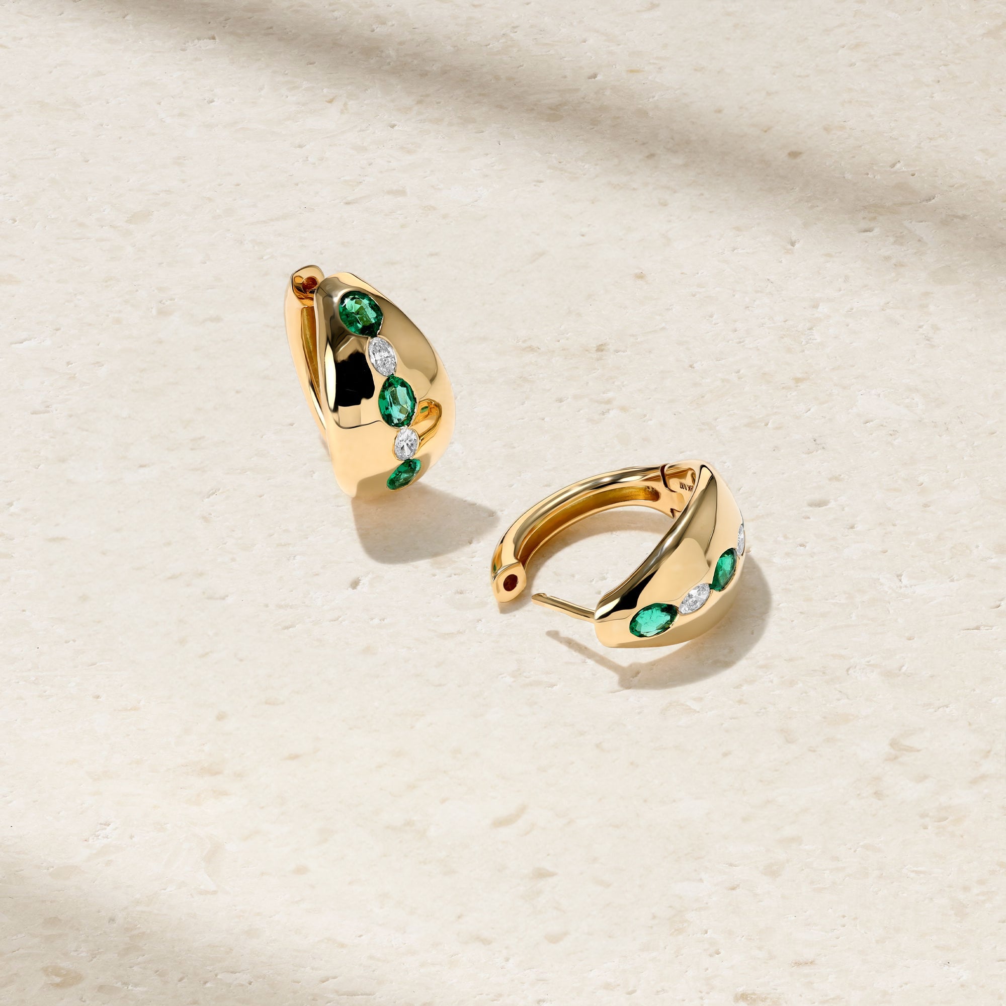 Gypsy Oval Emerald and Diamond Huggie Earrings