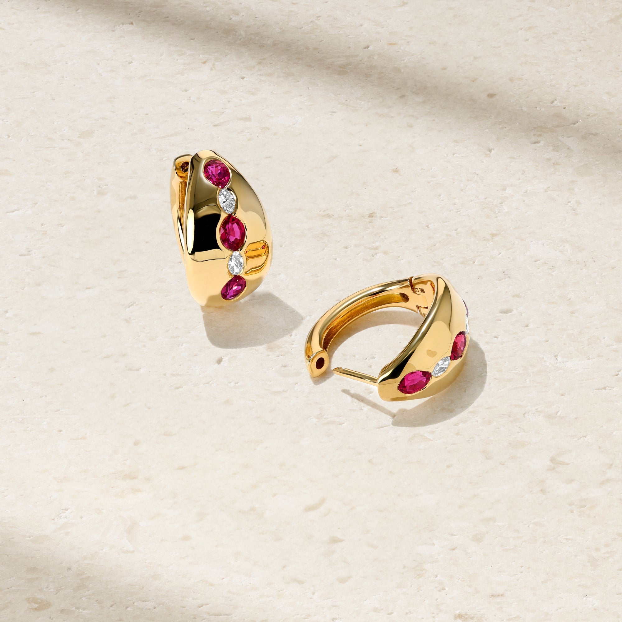 Gypsy Oval Ruby and Diamond Huggie Earrings