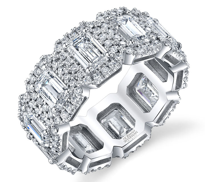 Emerald Cut Diamond Eternity Band with Halos