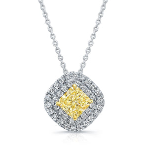 White Gold Double Halo Pavé Yellow Radiant Cut Diamond Pendant