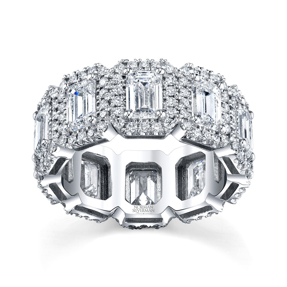 Emerald Cut Diamond Eternity Band with Pavé Halo