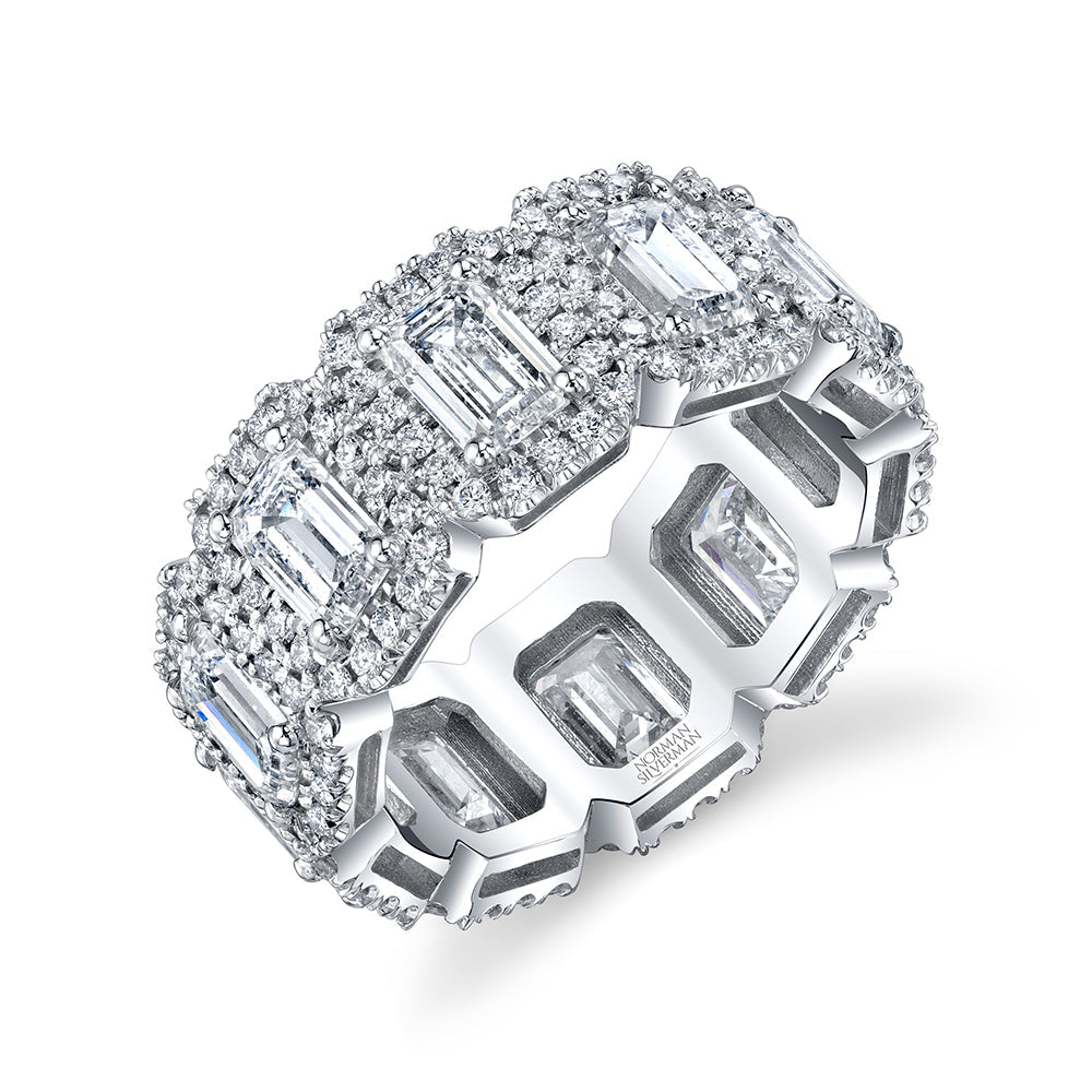 Emerald Cut Diamond Eternity Band with Pavé Halo