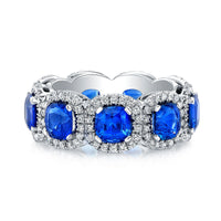 Cushion Cut Blue Sapphire Pavé Halo Eternity Band