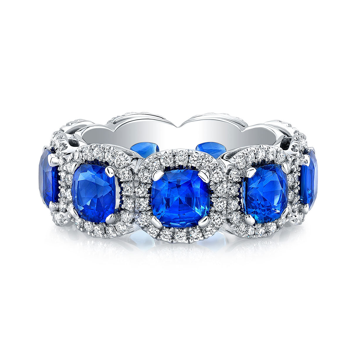 Cushion Cut Blue Sapphire Pavé Halo Eternity Band