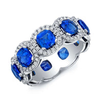 Cushion Cut Blue Sapphire Pavé Halo Eternity Band