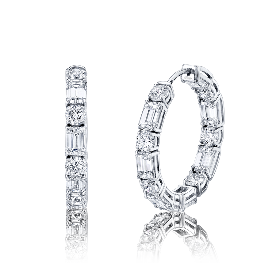 Emerald Cut and Round Diamond Hoop Earrings