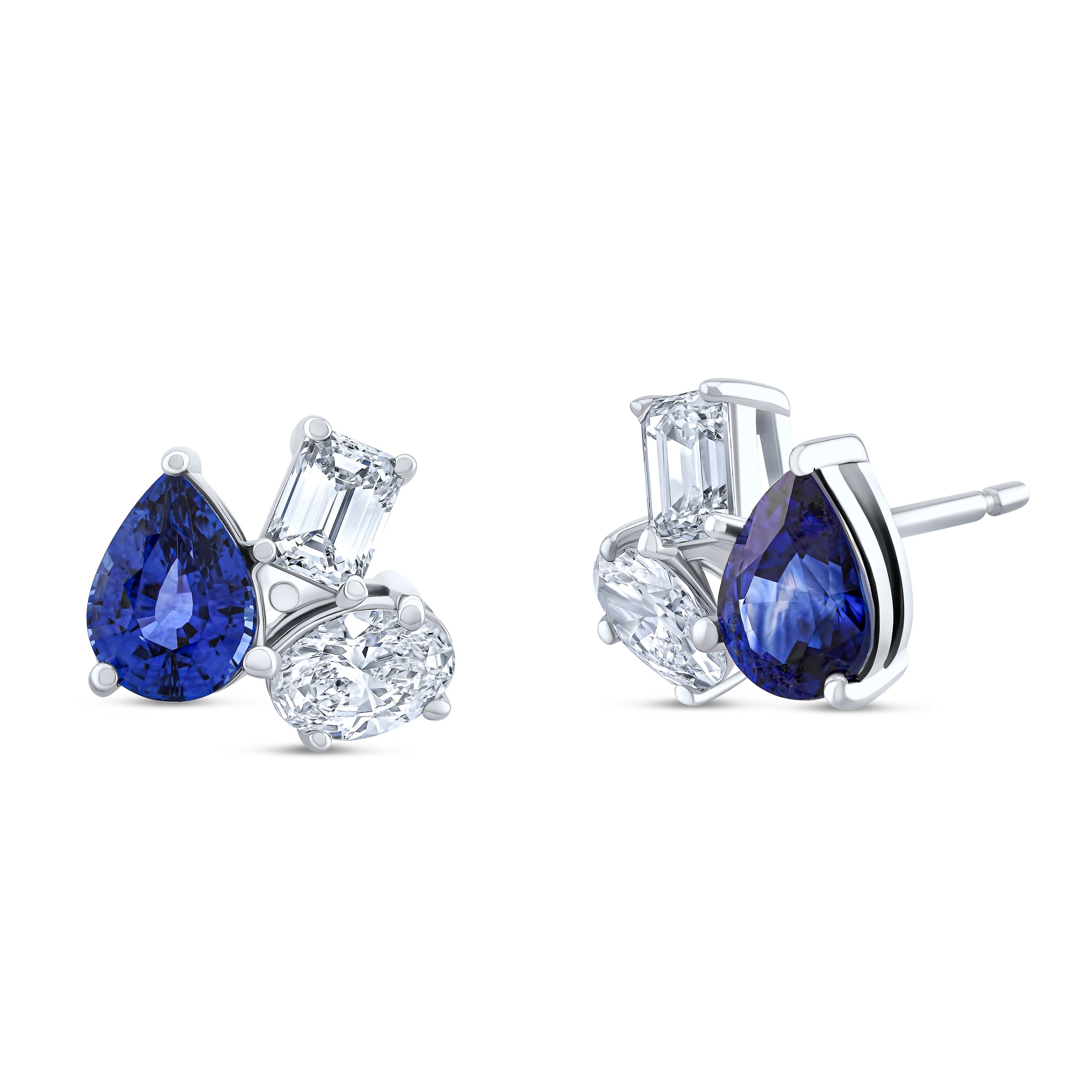 Mixed Shape Sapphire and Diamond Cluster Stud Earrings