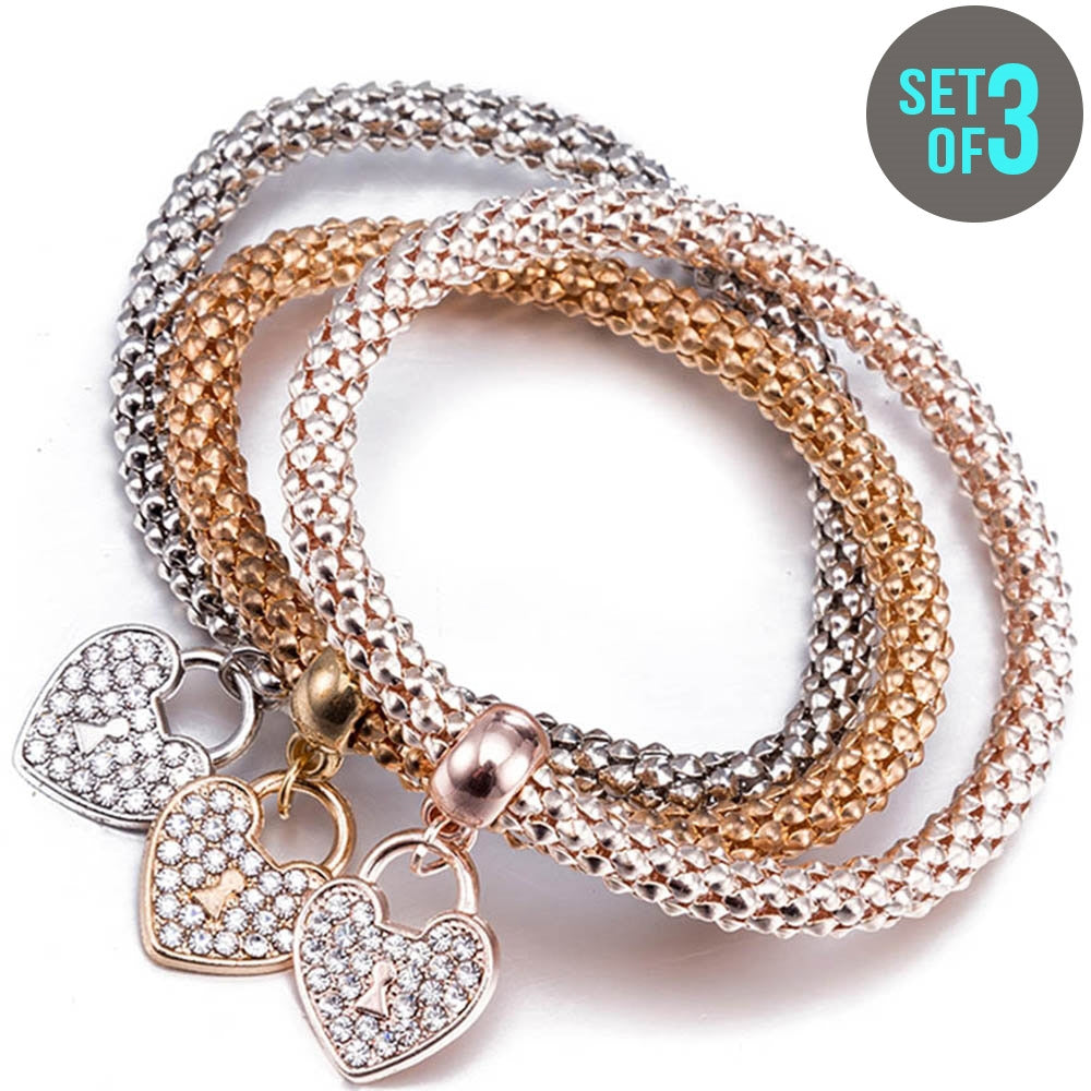Trio- Mesh Crystal Heart Bracelet Set