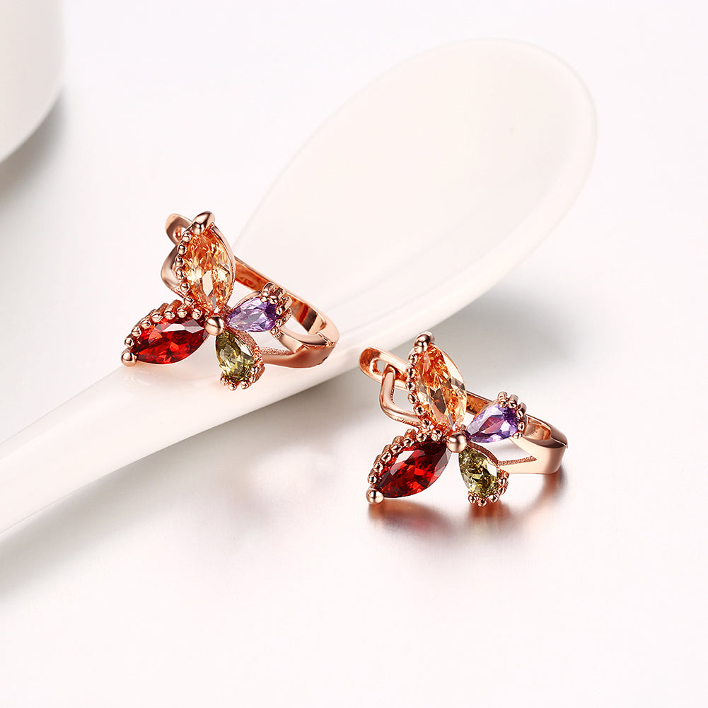 Rainbow Swarovski Butterfly Clip On Earrings in 18K Rose