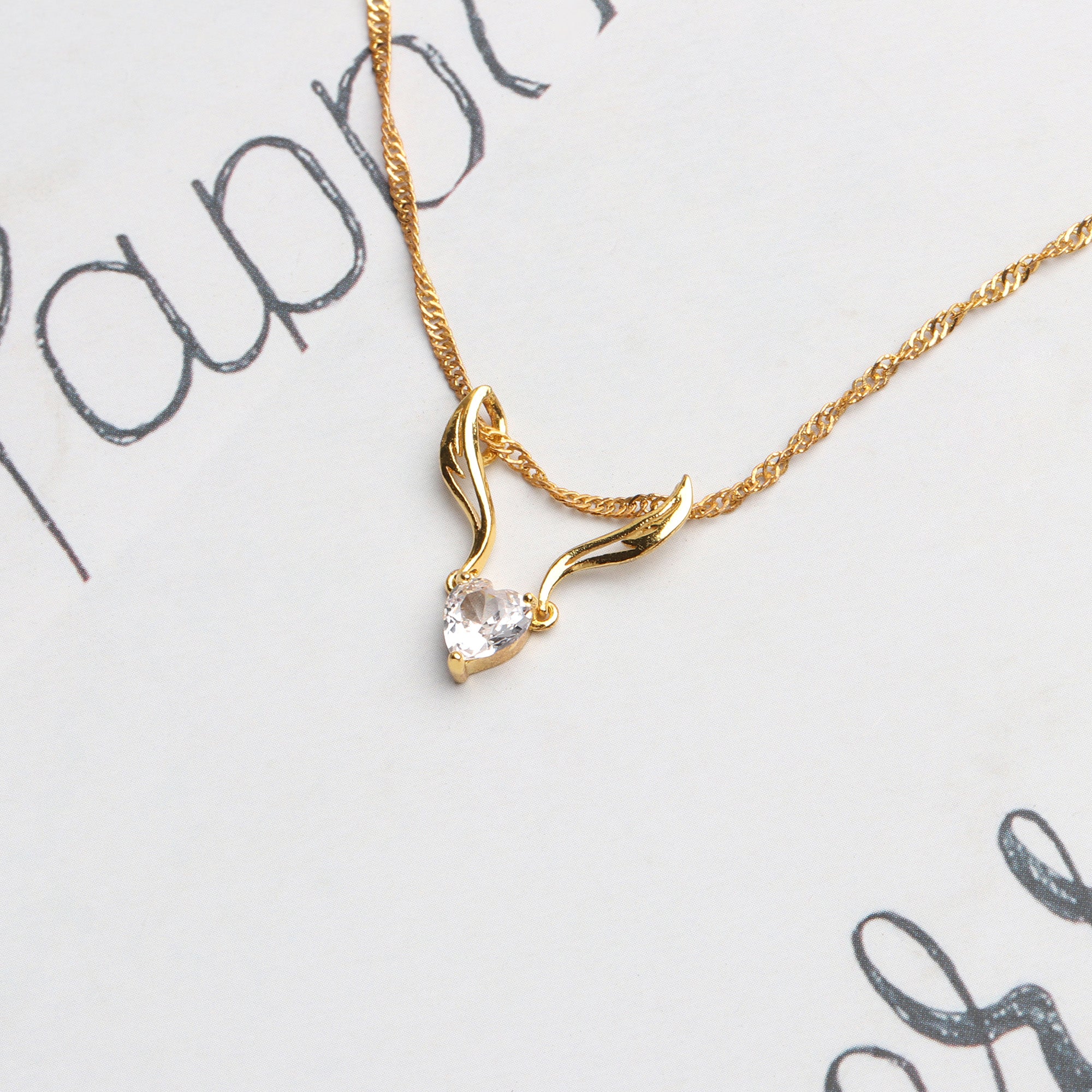 Gold Plating White Crystal Angel Wings Pendant Necklace