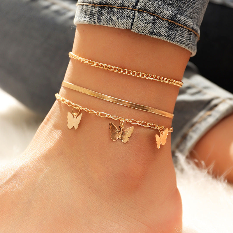 3-Pack Chain Link & Butterfly Anklet
