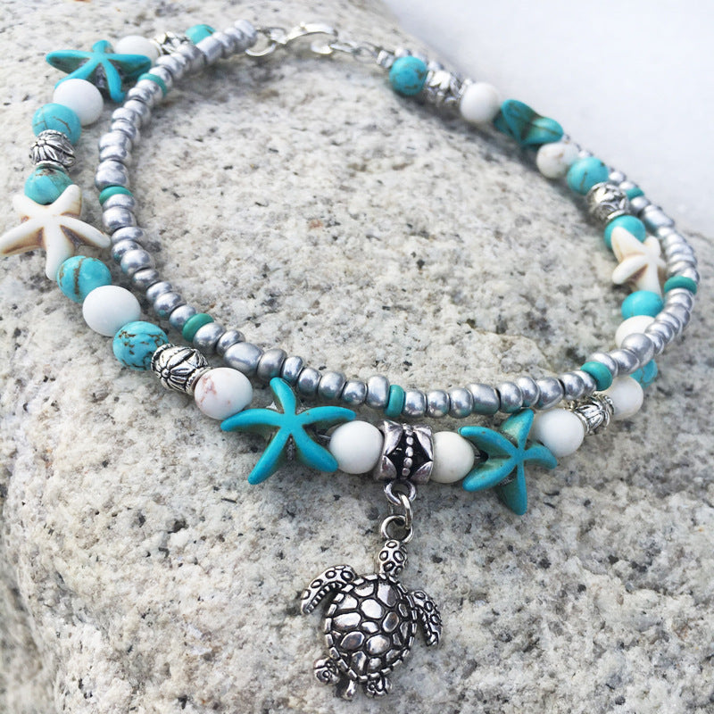 Turquoise Toned Silver Turtle Anklets