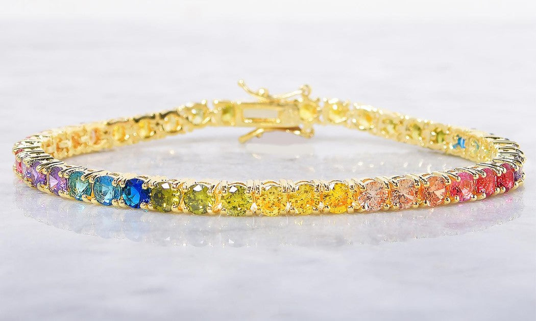 Rainbow Swarovski Elements Princess Cut Tennis Bracelet in 18K Gold Plating