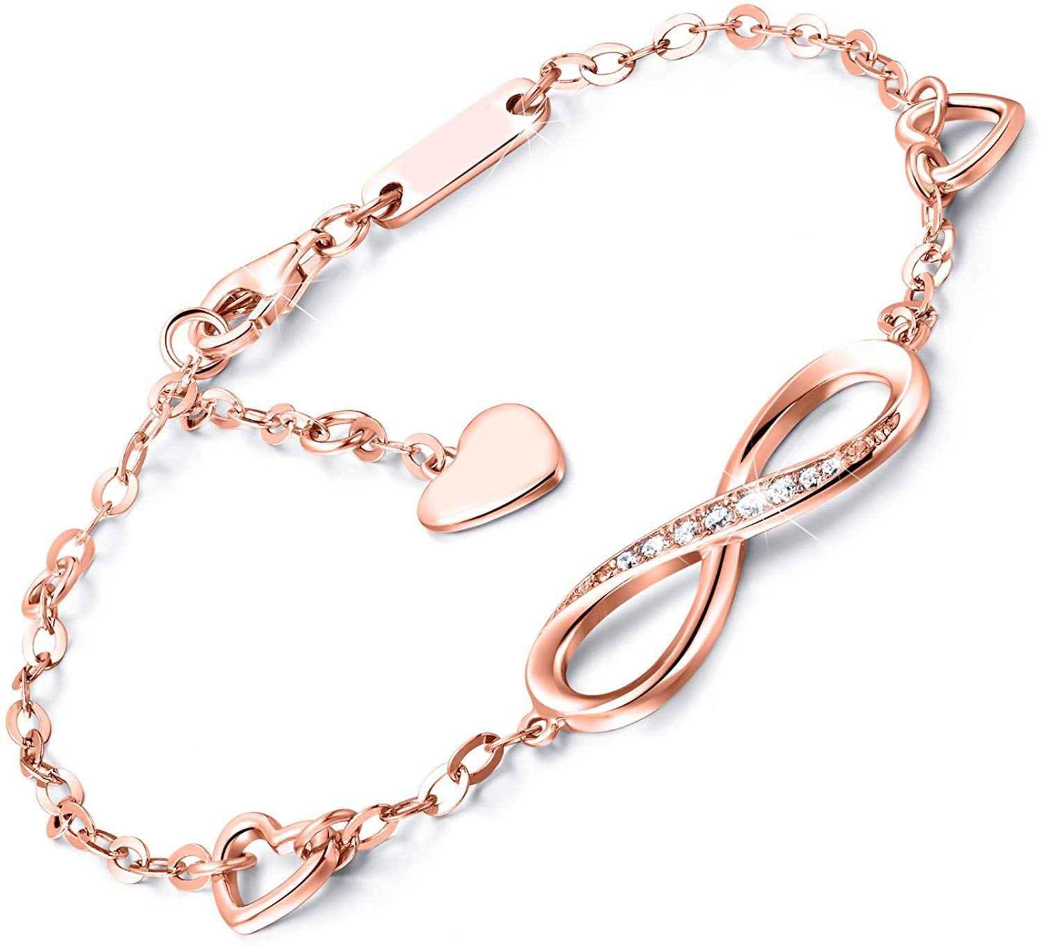 White Swarovski Elements Infinite Pendant Chain Bracelet in 18K Rose Gold Plating