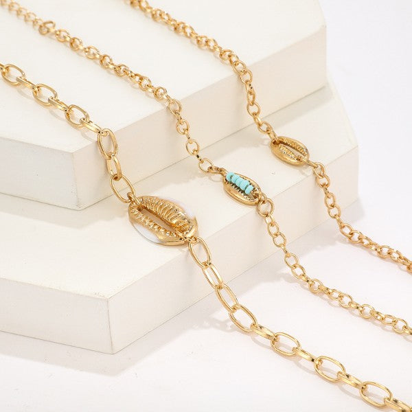 Turquoise Sea-Shell 3 Piece Bracelet Set in 18K Gold