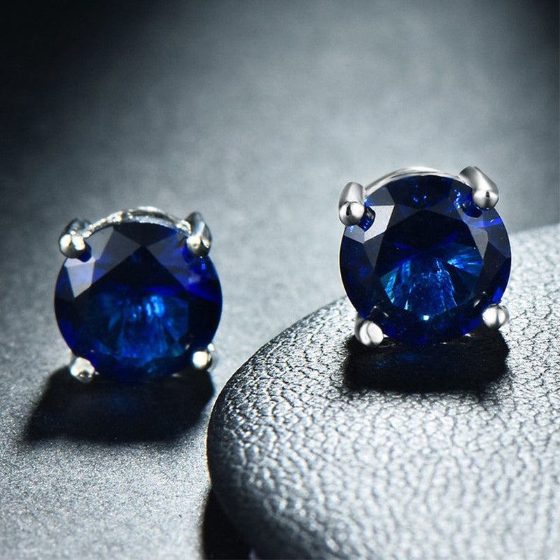 Sapphire Created Swarovski Crystal 6mm Stud Earring 18K White Gold Plated - 1.00 CT