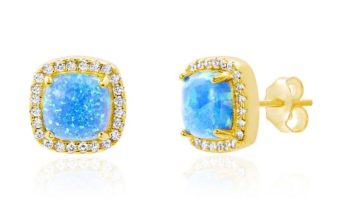 Oceanic Opal Crystal Pave Halo Square Gold Plating Earrings