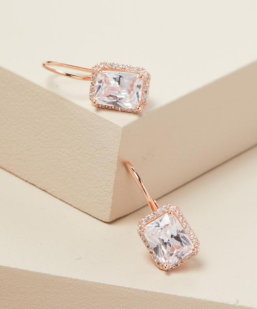 Emerald Cut Swarovski Elements Leverback Earrings in 18K Rose Gold Plating