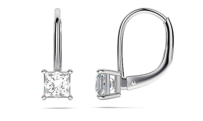 Princess Cut Swarovski Elements Simple Leverback Earrings in 18K White Gold