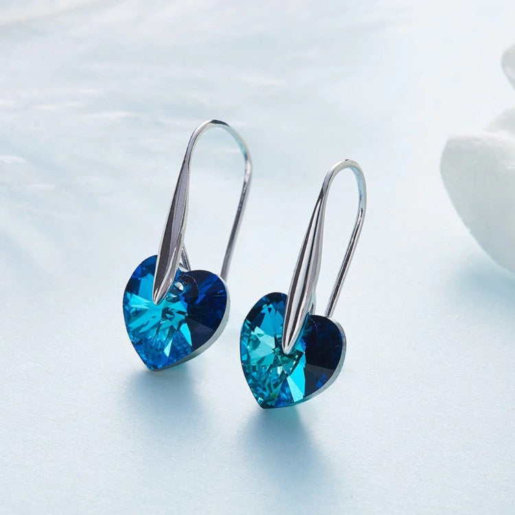 Blue Swarovski Elements Heart Shaped Drop Earrings in 18K White Gold