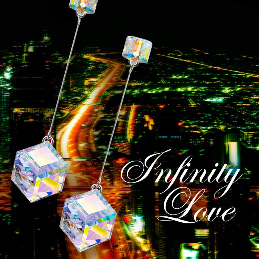 Aurora Borealis Swarovski Elements Cubed Dangling Earrings in 18K White Gold