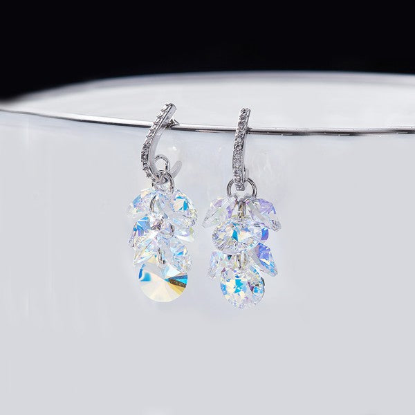 Aurora Borealis Swarovski Dangling Cluster Grapevine Earrings in 18K White Gold