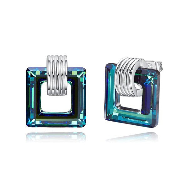 Aruba Blue Swarovski Square Shaped Studs in 18K White Gold Plating