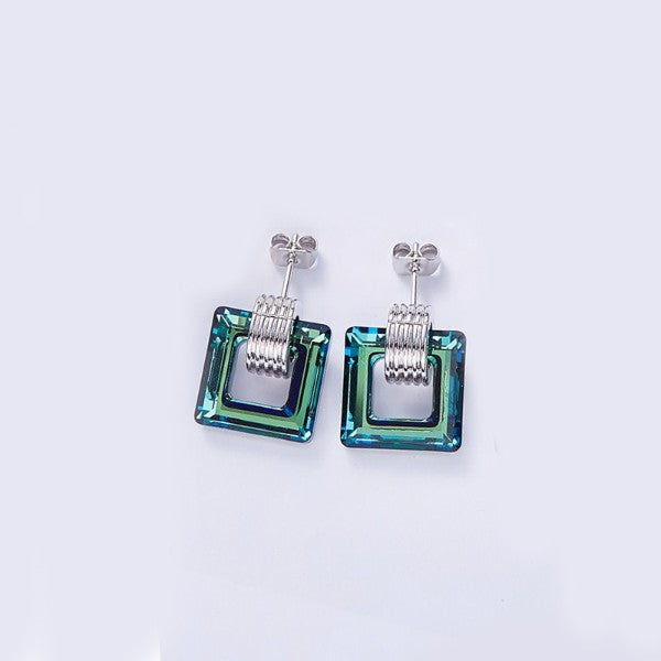 Aruba Blue Swarovski Square Shaped Studs in 18K White Gold Plating