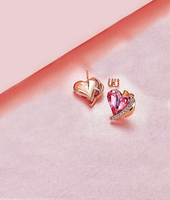 Pink Swarovski Elements Heart Shaped Pave Studs in 18K Rose Gold Plating