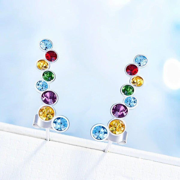 Rainbow Swarovski Cluster Crawler Earrings in 18K White Gold
