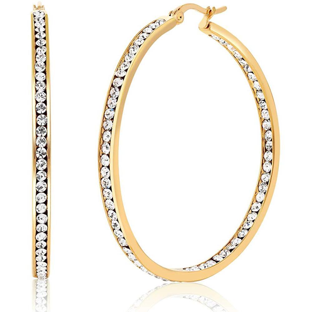 Gold Plating White Crystal Hoop Earrings