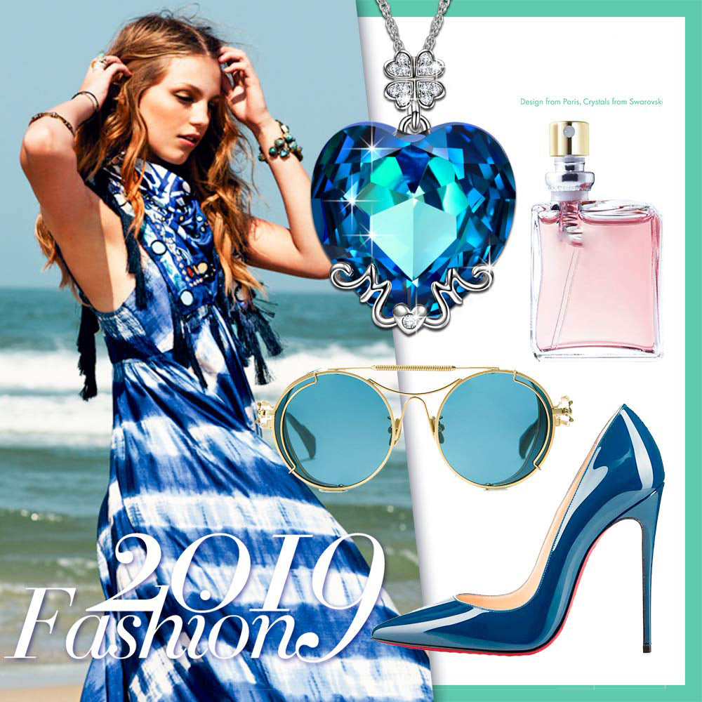 Light Blue Swarovski Heart Shaped Pave Clover Necklace in 18K White Gold