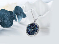 Blue Druzy Stone Circular Pendant Necklace in 18K White Gold
