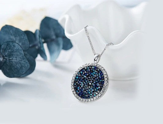 Blue Druzy Stone Circular Pendant Necklace in 18K White Gold