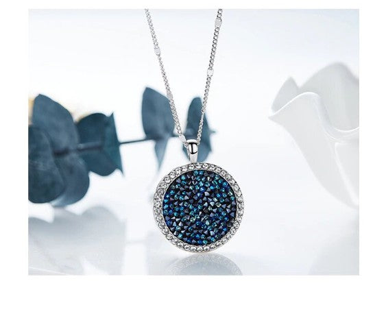 Blue Druzy Stone Circular Pendant Necklace in 18K White Gold