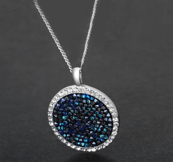 Blue Druzy Stone Circular Pendant Necklace in 18K White Gold