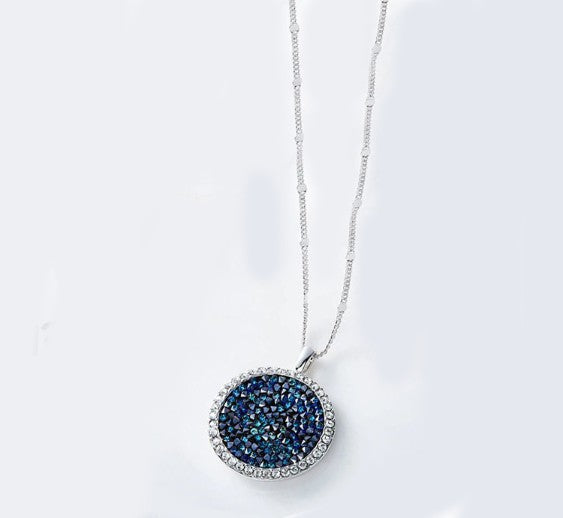 Blue Druzy Stone Circular Pendant Necklace in 18K White Gold