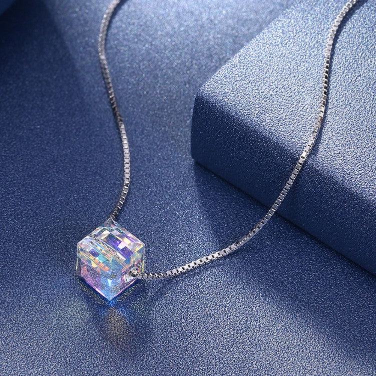 Aurora Borealis Swarovski Elements Cubed Necklace in 18K White Gold
