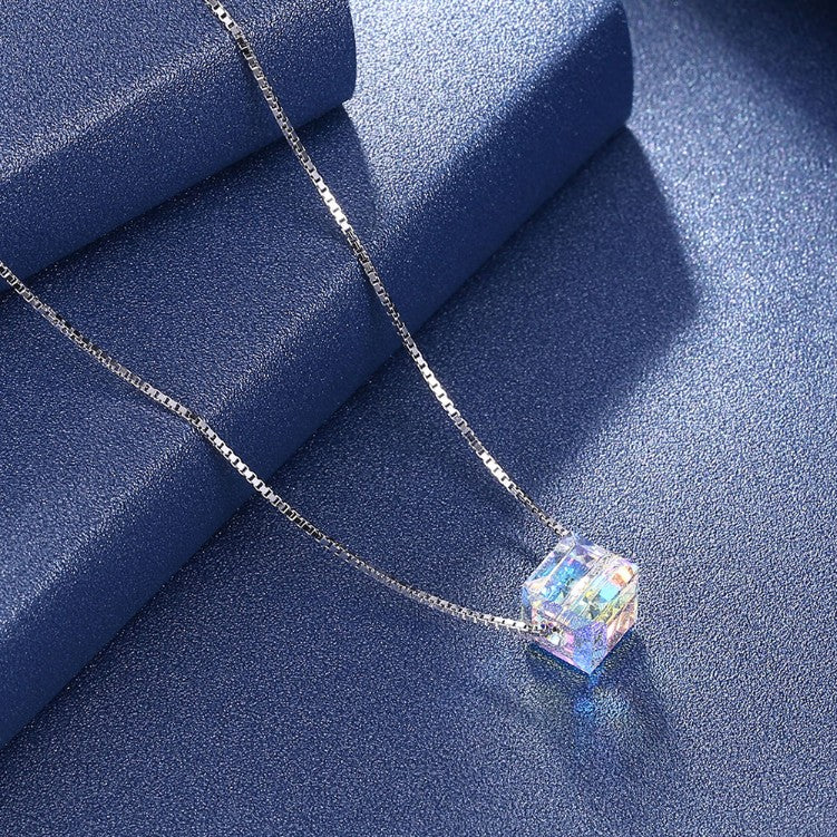 Aurora Borealis Swarovski Elements Cubed Necklace in 18K White Gold