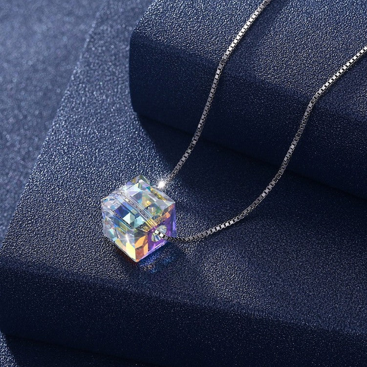 Aurora Borealis Swarovski Elements Cubed Necklace in 18K White Gold
