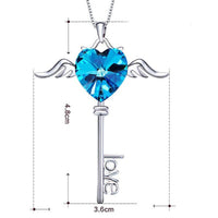Heart Shaped Blue Swarovski Elements Dangling Key Necklace in 18K White Gold