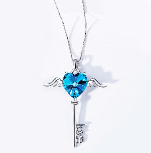 Heart Shaped Blue Swarovski Elements Dangling Key Necklace in 18K White Gold