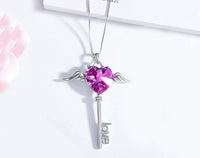 Heart Shaped Pink Swarovski Elements Dangling Key Necklace in 18K White Gold