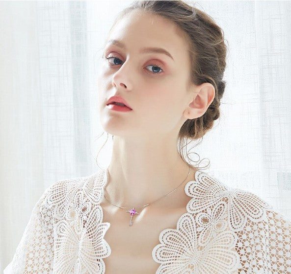 Heart Shaped Pink Swarovski Elements Dangling Key Necklace in 18K White Gold