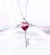 Heart Shaped Pink Swarovski Elements Dangling Key Necklace in 18K White Gold