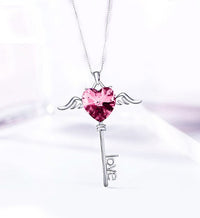 Heart Shaped Pink Swarovski Elements Dangling Key Necklace in 18K White Gold