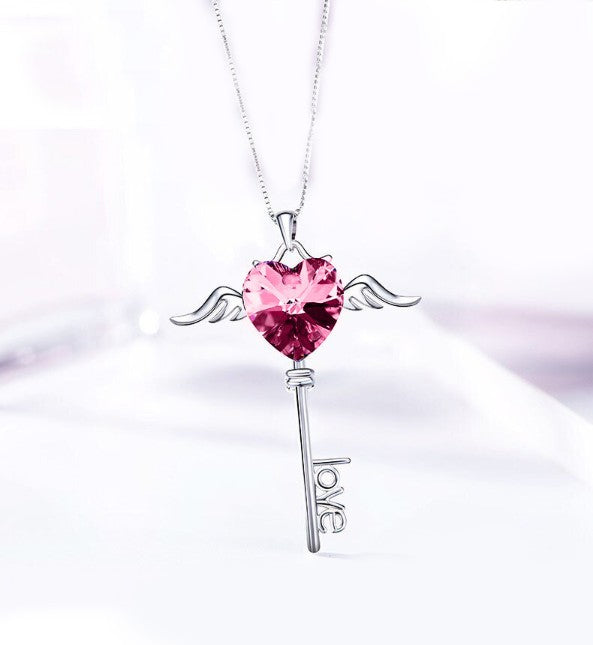 Heart Shaped Pink Swarovski Elements Dangling Key Necklace in 18K White Gold