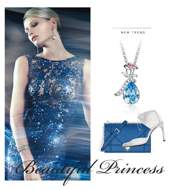 Pink Swarovski Elements Drop Pear Cut Pave Floral Necklace in 18K White Gold