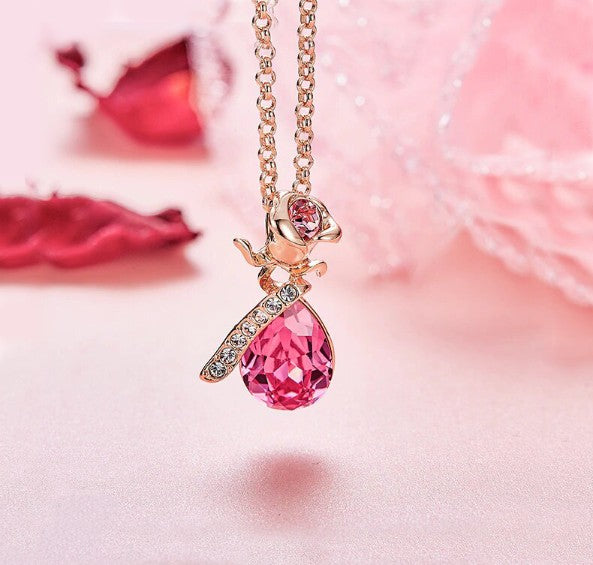Pink Swarovski Elements Drop Pear Cut Pave Floral Necklace in 18K Rose Gold
