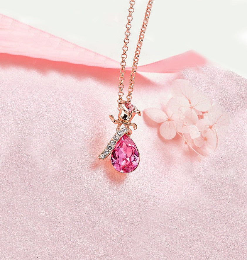 Pink Swarovski Elements Drop Pear Cut Pave Floral Necklace in 18K Rose Gold
